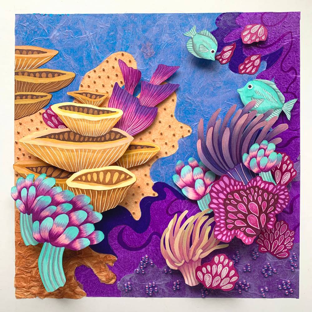 Mixed media artwork featuring a coral reef